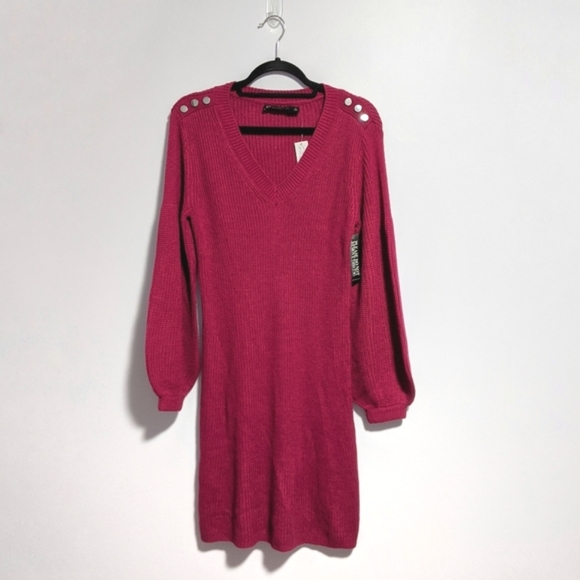 NY&Co Button Accent V-Neck Sweater Dress - Picture 2 of 8